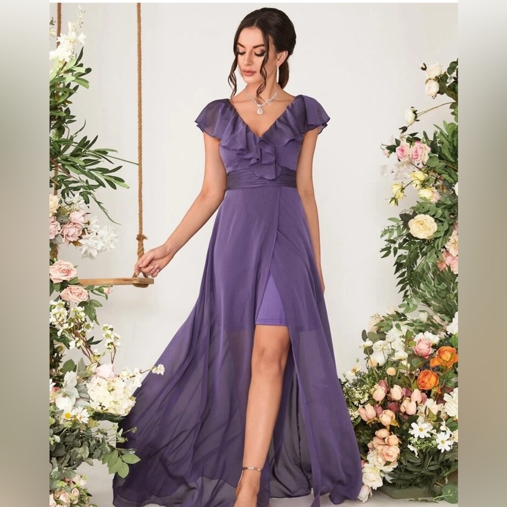 SHEIN Purple Flutter Sleeve Midi Dress for Cocktail or wedding size medium